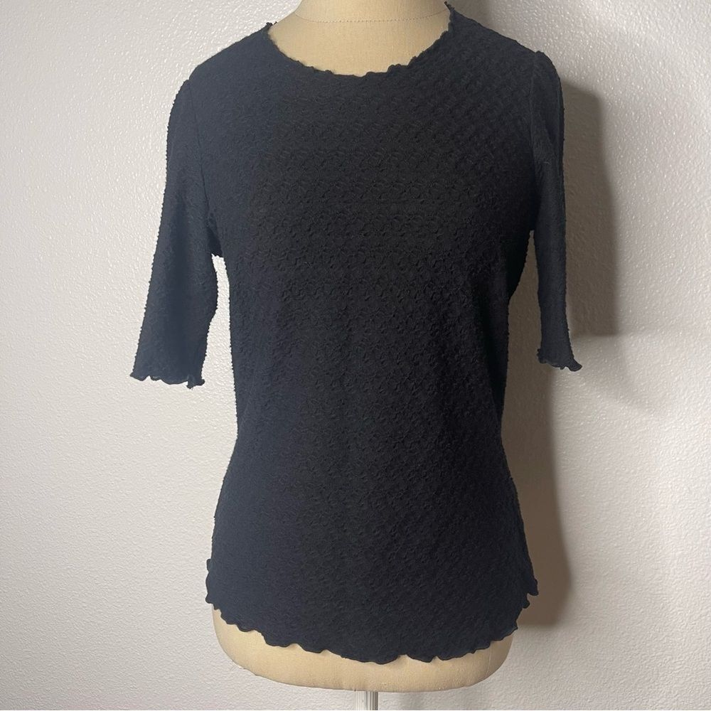 Vintage 90s Status Black Crinkle Top Size Medium Short Sleeve